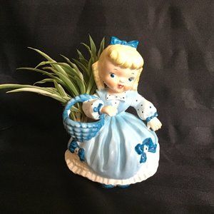 Vintage Ceramic Little Girl in Blue Vase / Planter
